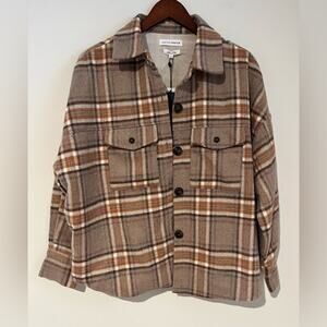 NATIVE YOUTH Plaid Button-Up Shacket in Brown, Tan, White